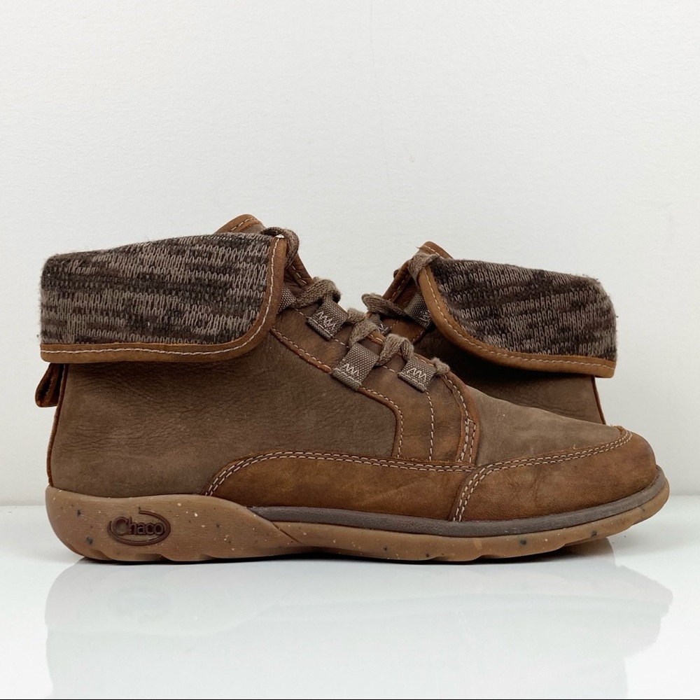 Chaco Barbary Java Brown Leather Women's Ankle Boots Size 7.5 Foldover Fabric